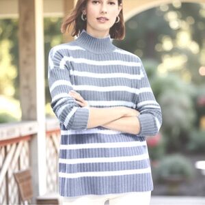 LOFT Gray & White High Neck Ribbed Long Sleeve Striped Sweater Size Medium